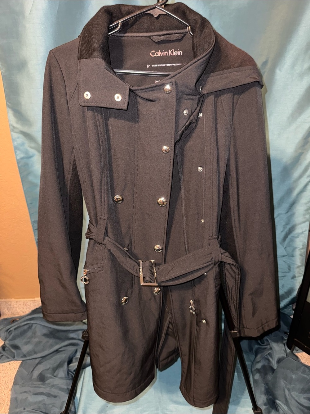 Calvin Klein Black Softshell Belted Trench Coat XL Hooded Water Resistant